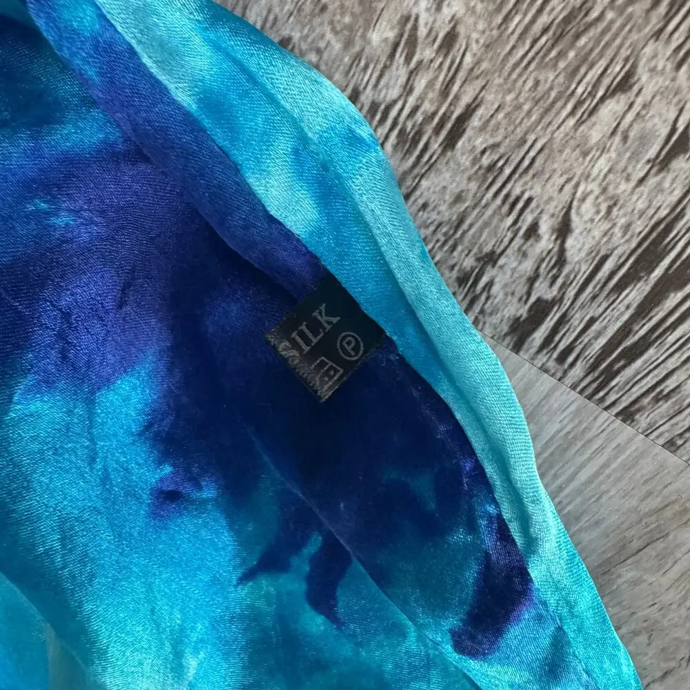 Vintage 100% Silk Blue Aqua Tie Dye Fringe Scarf Boho Resort Wrap